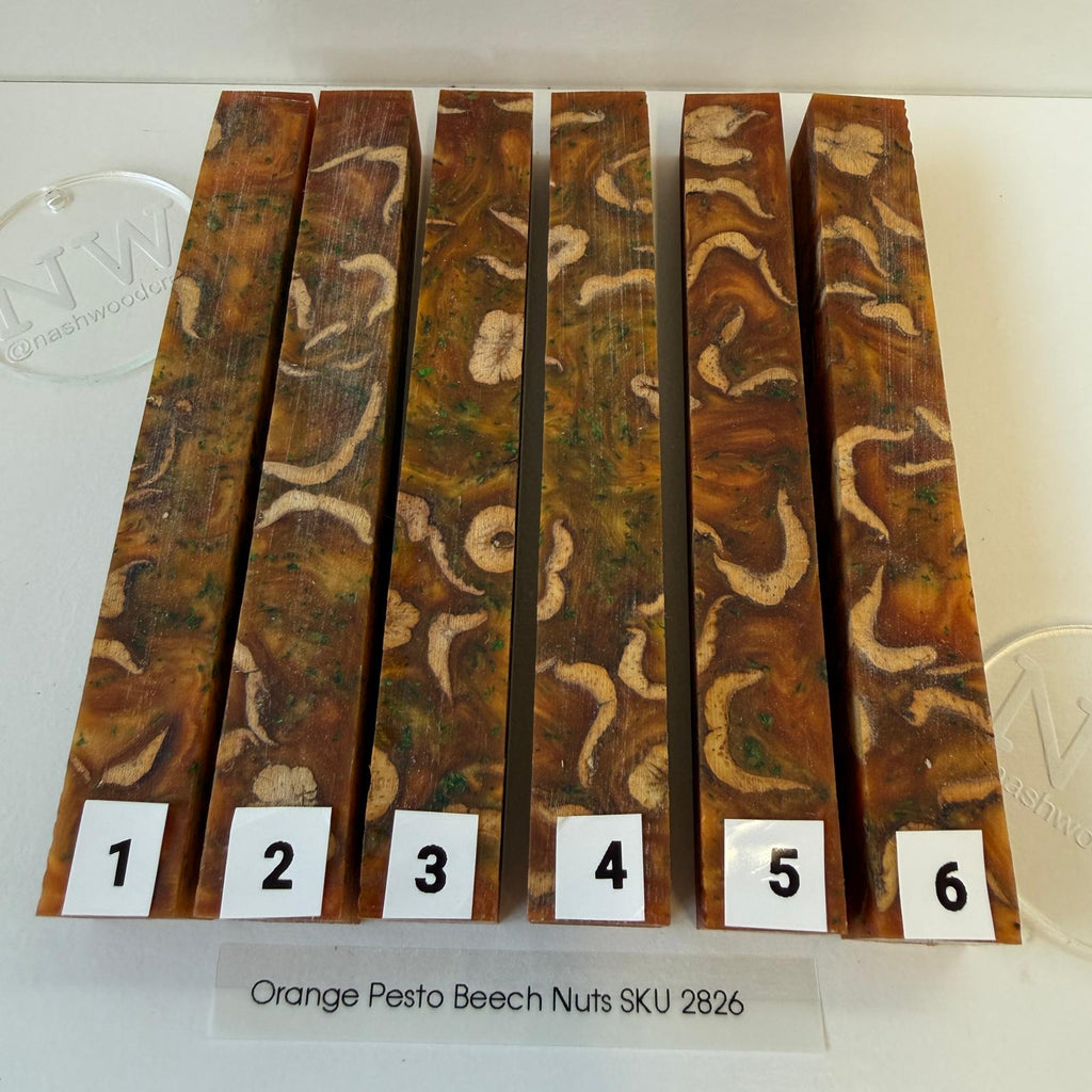 Beech nut and resin pen blanks - Orange / Pesto
