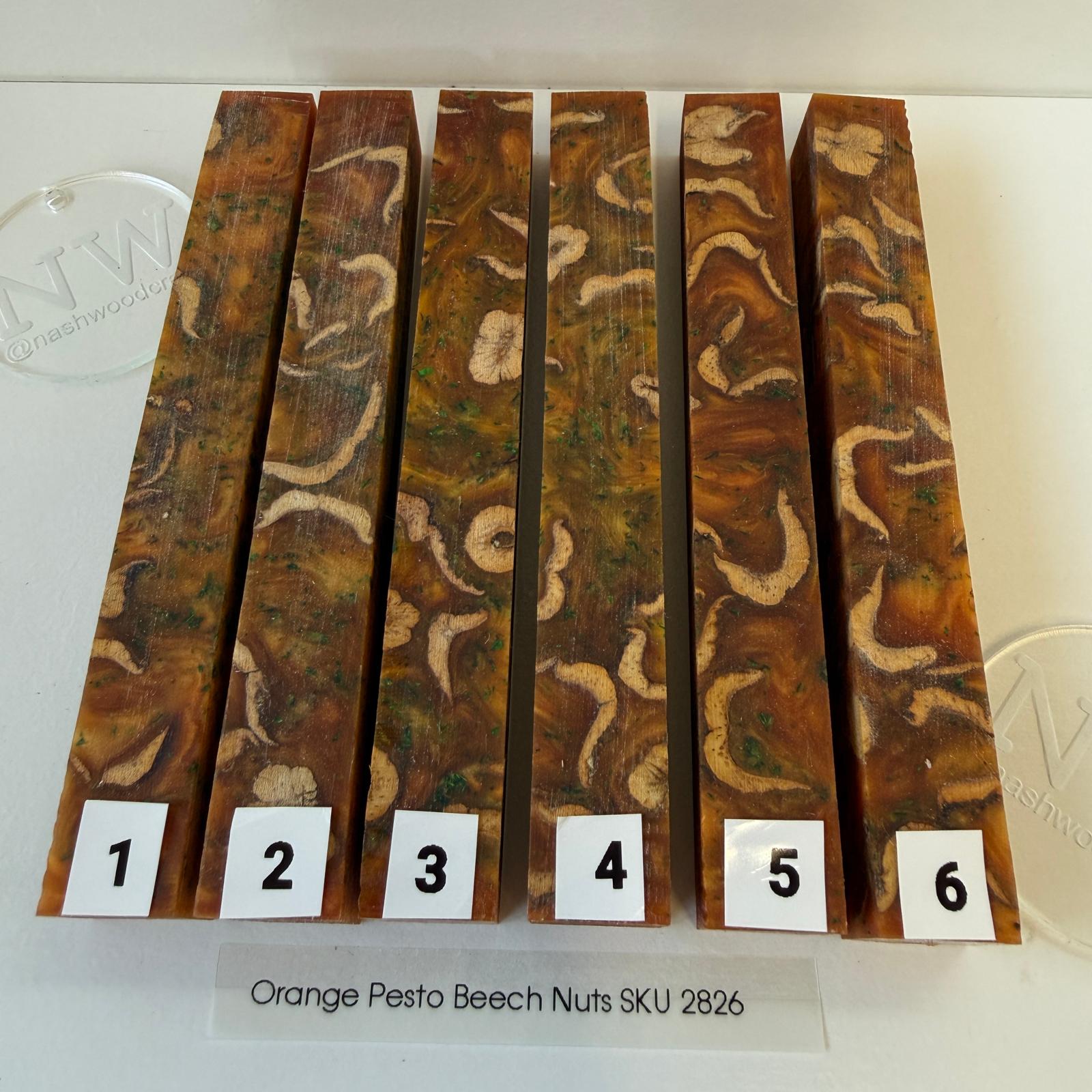 Beech nut and resin pen blanks - Orange / Pesto