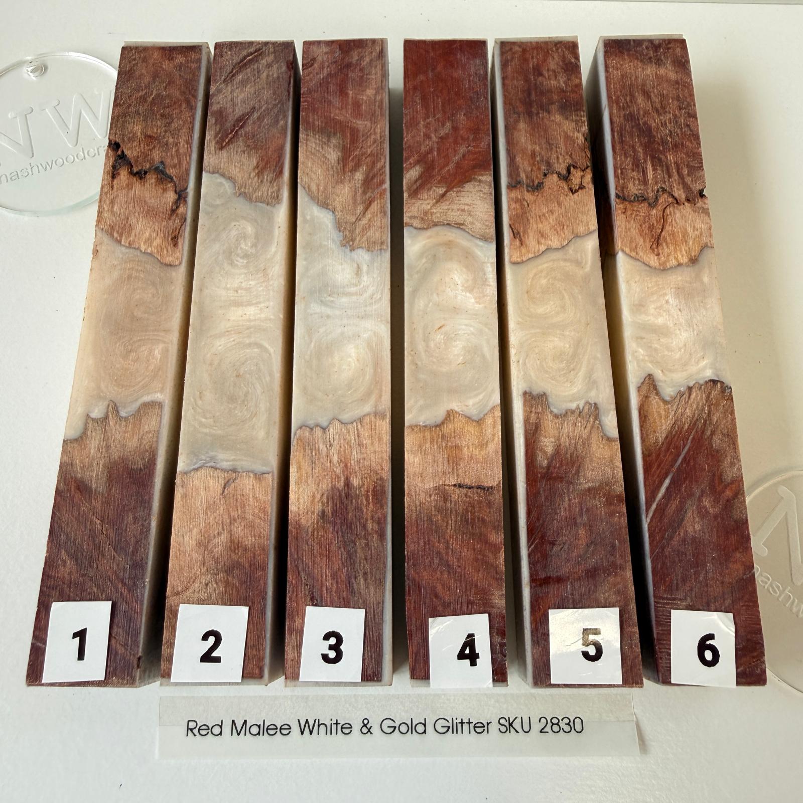Resin and Red Mallee Pen Blank - White & Gold glitter