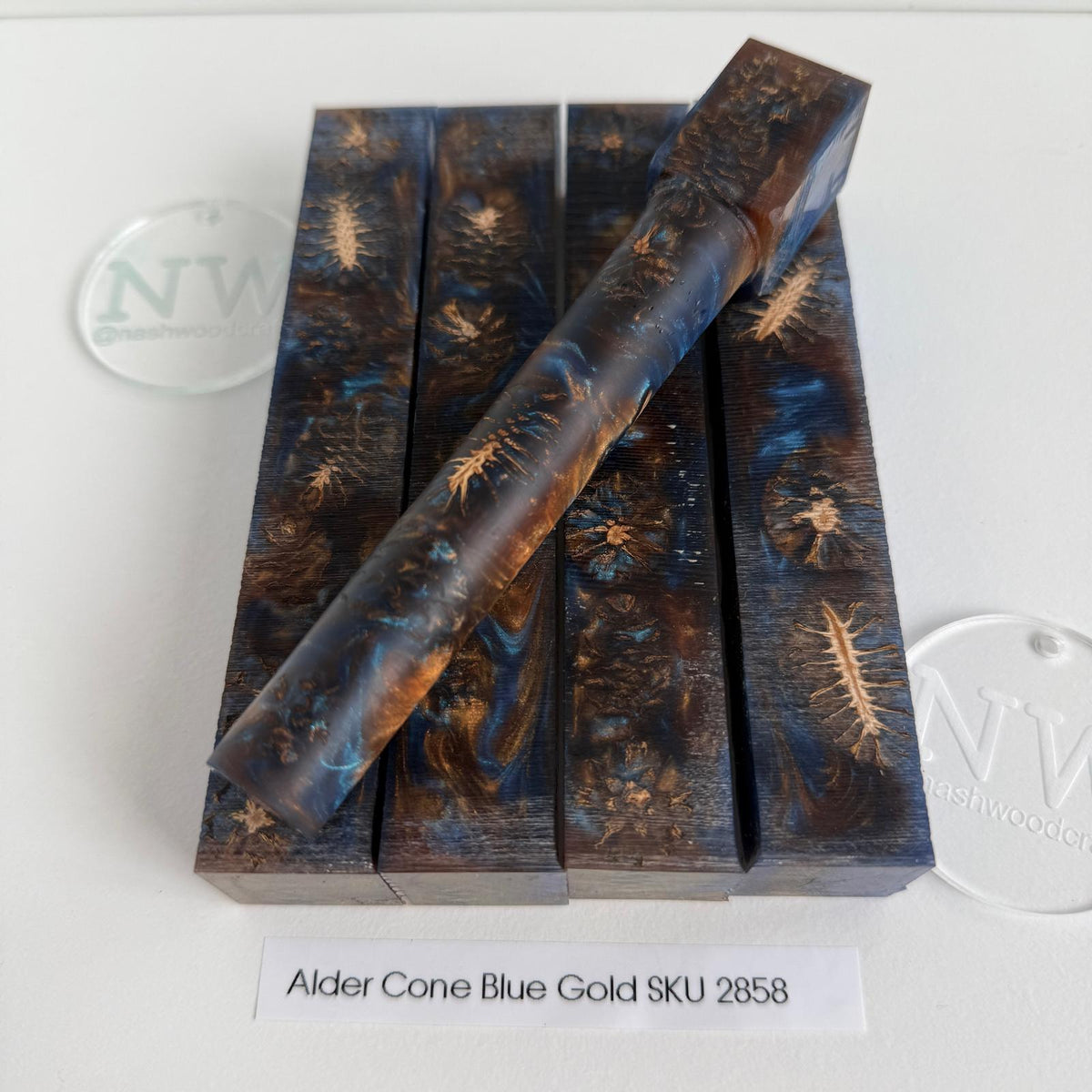 Alder Cone Blue Gold epoxy pen blanks